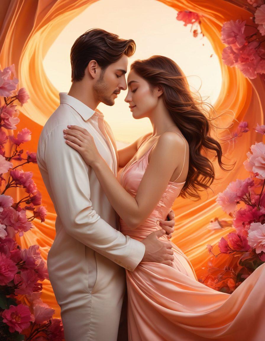A mesmerizing blend of intertwined figures representing diverse couples, surrounded by soft, flowing lines symbolizing connection and intimacy. Warm, inviting colors dominate the scene, with hints of passion and desire through soft lighting and gentle touches. The background features symbolic elements like blooming flowers and soft waves, enhancing the theme of exploration in relationships. The overall composition suggests a harmonious journey through love and pleasure. super-realistic. vibrant colors. soft glow.