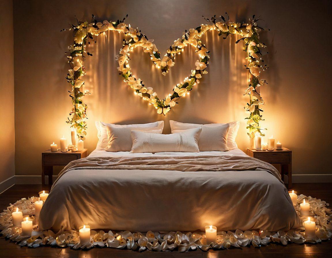A beautiful, tranquil bedroom setting with soft, warm lighting, featuring a couple intertwined on a bed surrounded by candles and petals, symbolizing intimacy and connection. Incorporate elements of relaxation like plush pillows and a faint silhouette of a heart in the background. Evoke a sense of warmth and affection in the atmosphere. super-realistic. warm tones. soft focus.