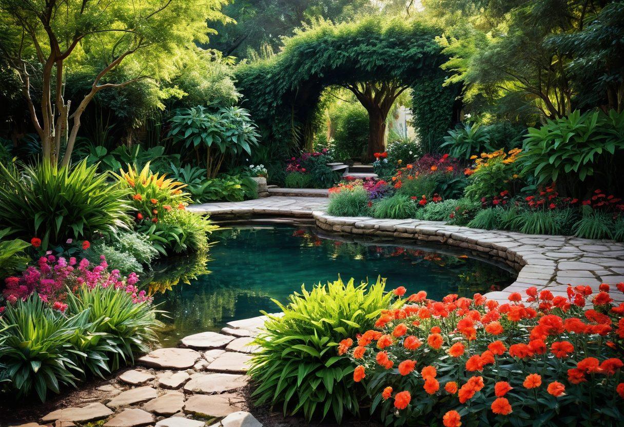 A lush, vibrant garden symbolizing an Eden, intertwined with sensual elements like blooming flowers and flowing water. Include diverse couples engaged in intimate, joyful interactions, radiating health and happiness. Soft, warm lighting to evoke a sense of serenity and connection, with hints of eroticism subtly woven into the environment. Romantic, inviting atmosphere. super-realistic. vibrant colors. soft focus.